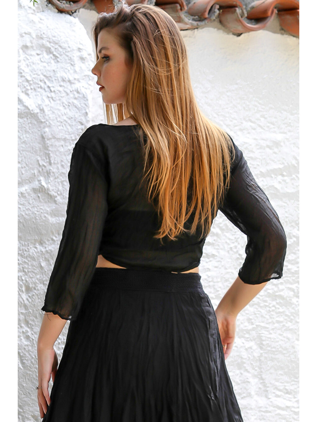 Organik Pamuk Siyah 3/4 Kol Bağlamalı Dokuma Crop Fit Casual Bluz-5