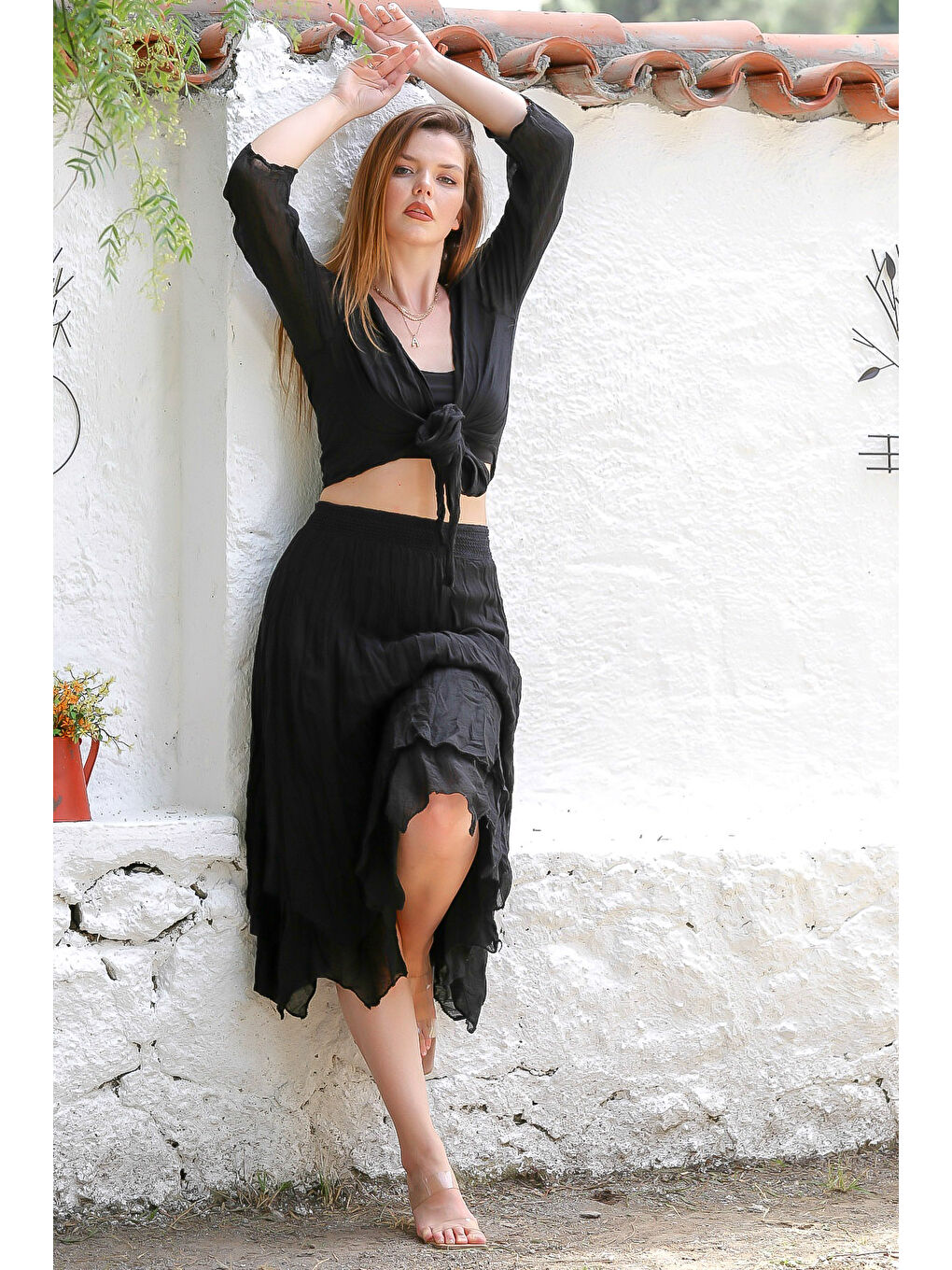 Organik Pamuk Siyah 3/4 Kol Bağlamalı Dokuma Crop Fit Casual Bluz-7