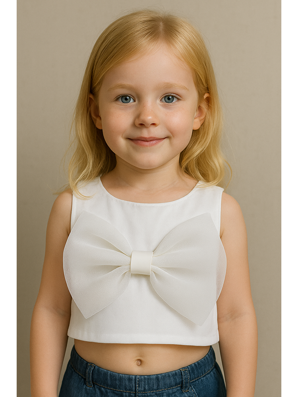 Kız Çocuk Pamuklu Beyaz Kurdele Detaylı Crop T-Shirt