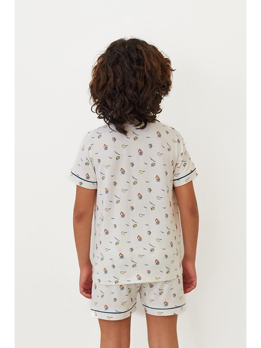 Çocuk Seageo Yelken Desenli Düğmeli Şortlu Pijama Takımı Ekru-1