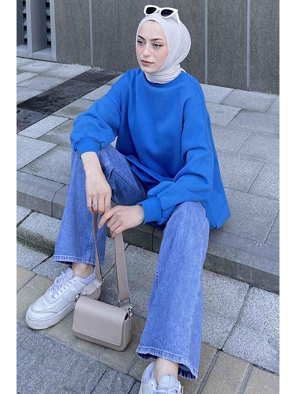 Jasmin Bisiklet Yaka Oversize Sweat Mavi-1