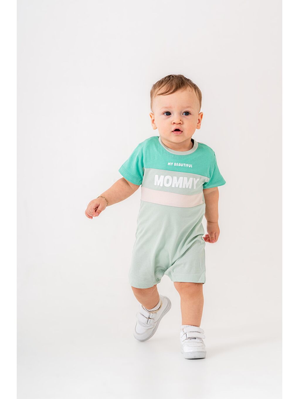 Karışık Erkek Bebek Pamuklu Mint Yeşili "My Beautiful Mommy" Yazılı Tulum - Kısa Kollu