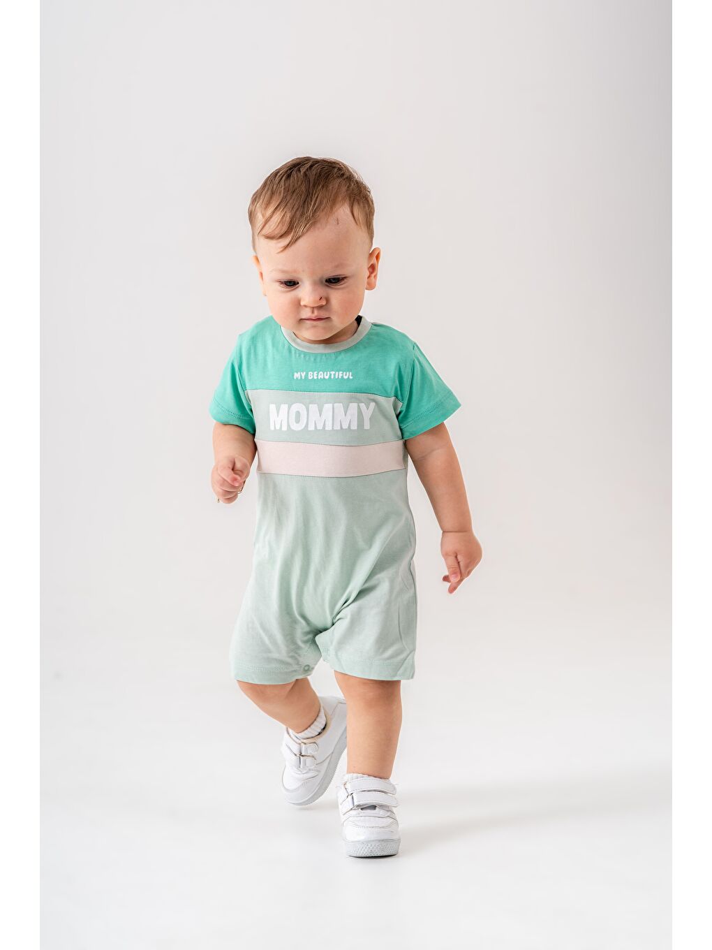 Karışık Erkek Bebek Pamuklu Mint Yeşili "My Beautiful Mommy" Yazılı Tulum - Kısa Kollu-1