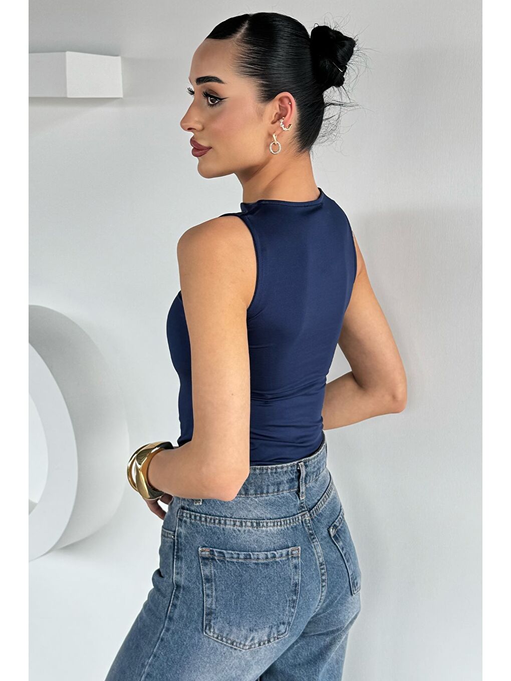 Lacivert Kadın Yan Büzgü Detaylı Elastanlı Bluz-3