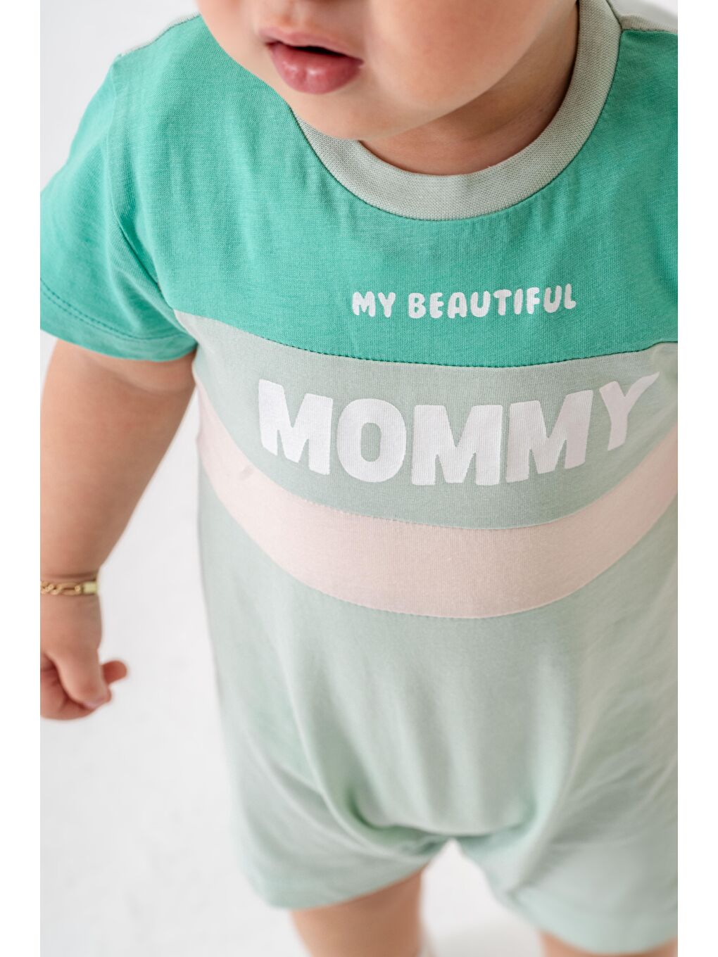 Karışık Erkek Bebek Pamuklu Mint Yeşili "My Beautiful Mommy" Yazılı Tulum - Kısa Kollu-2