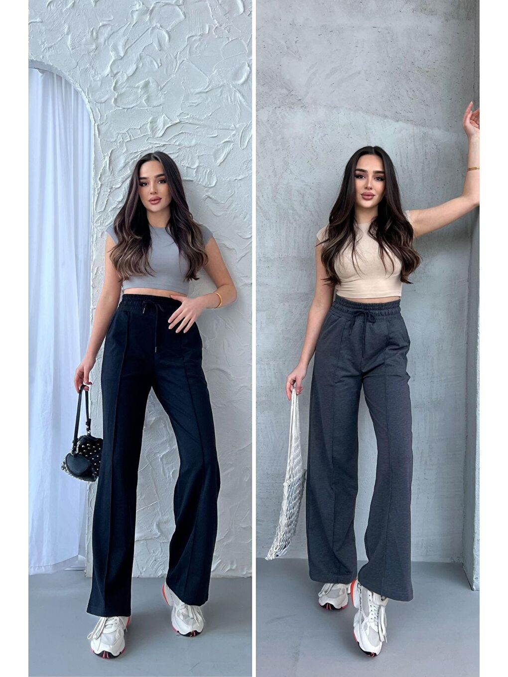 Siyah-Antrasit Kadın Mevsimlik Salaş Geniş Paça Yüksek Bel 2'li Eşofman Altı