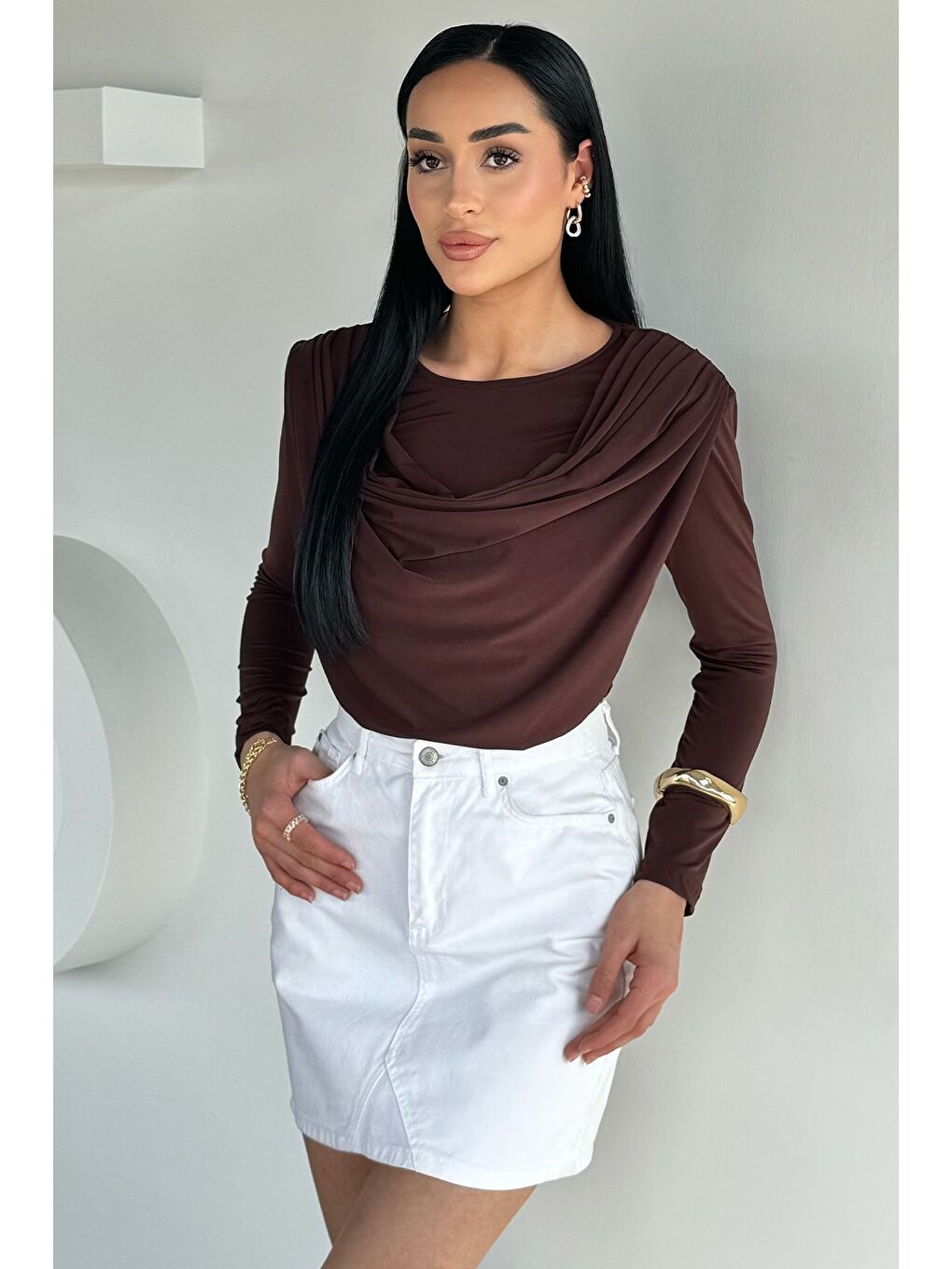 Kahverengi Kadın Şal Yaka Elastanlı Bluz