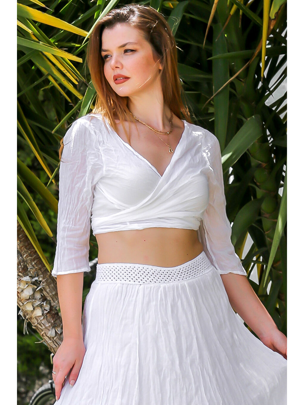 Organik Pamuk Beyaz 3/4 Kol Bağlamalı Dokuma Crop Fit Casual Bluz-1