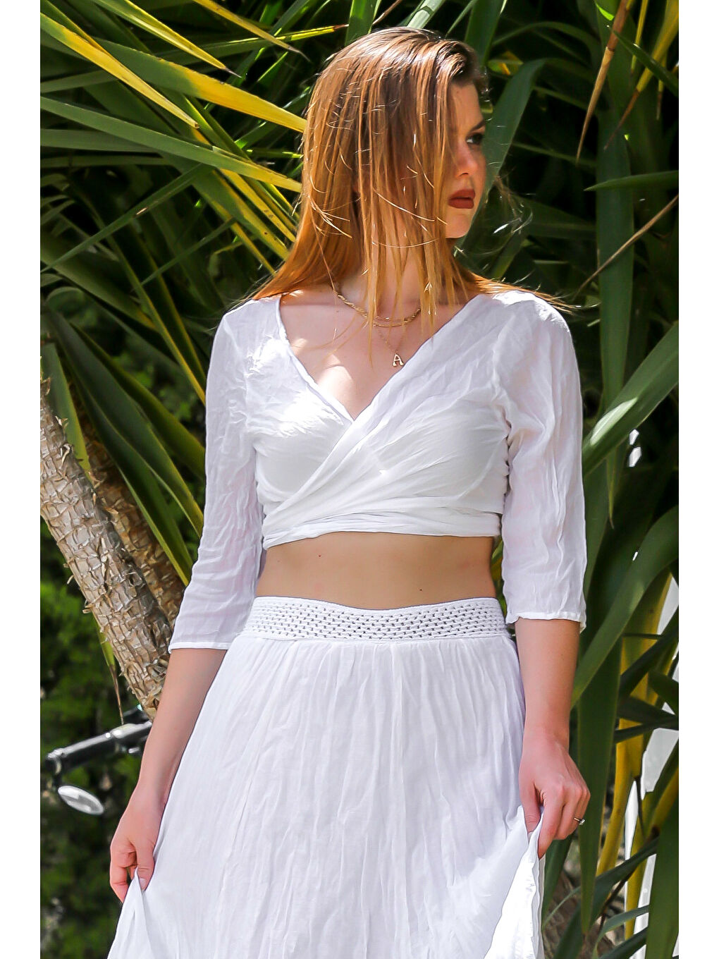 Organik Pamuk Beyaz 3/4 Kol Bağlamalı Dokuma Crop Fit Casual Bluz-2