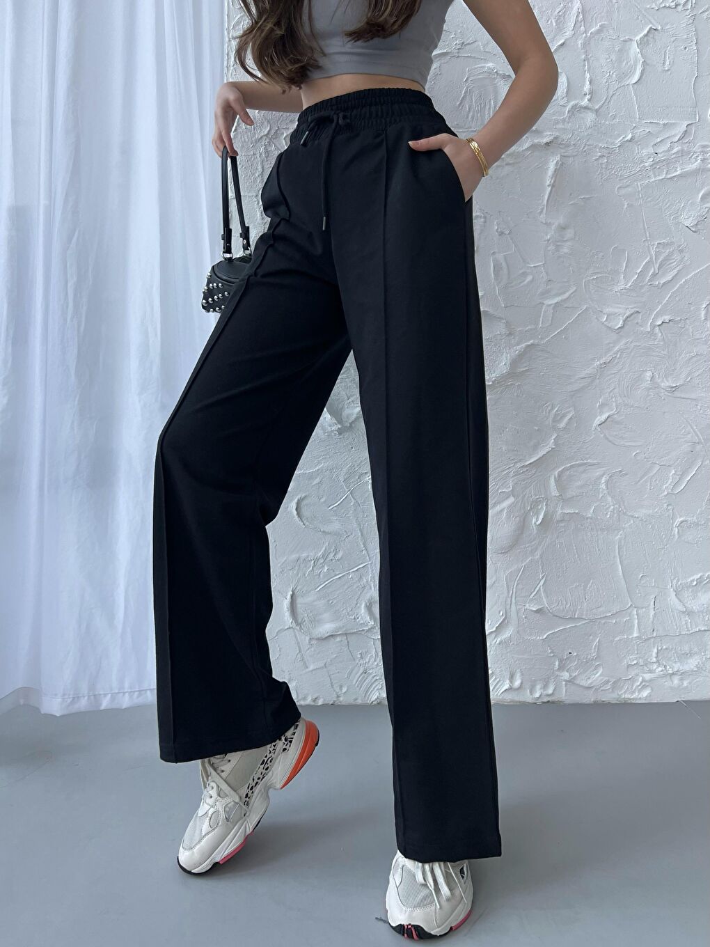 Siyah-Antrasit Kadın Mevsimlik Salaş Geniş Paça Yüksek Bel 2'li Eşofman Altı-2