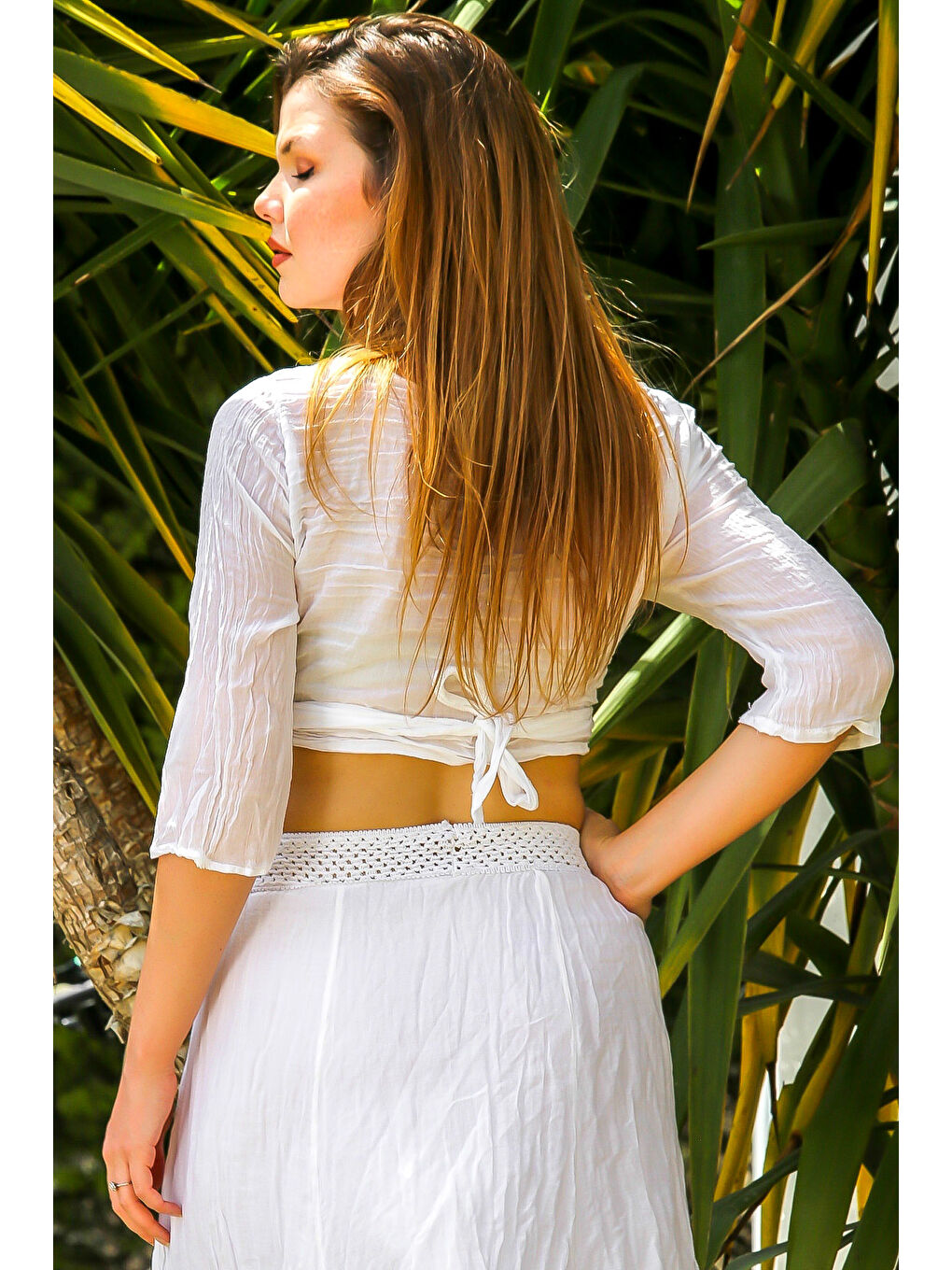 Organik Pamuk Beyaz 3/4 Kol Bağlamalı Dokuma Crop Fit Casual Bluz-5