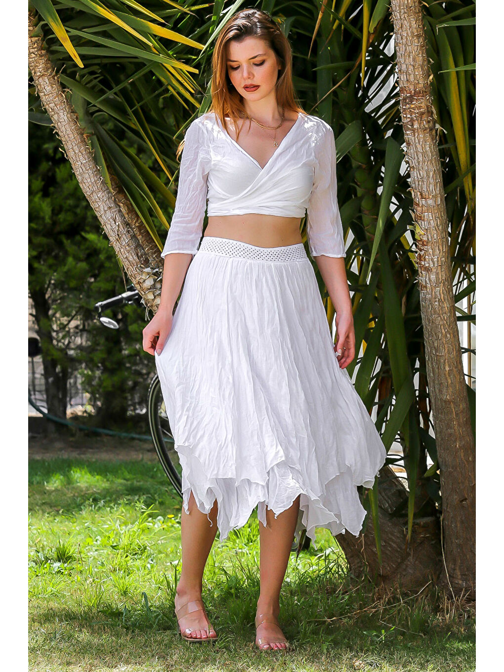 Organik Pamuk Beyaz 3/4 Kol Bağlamalı Dokuma Crop Fit Casual Bluz-6