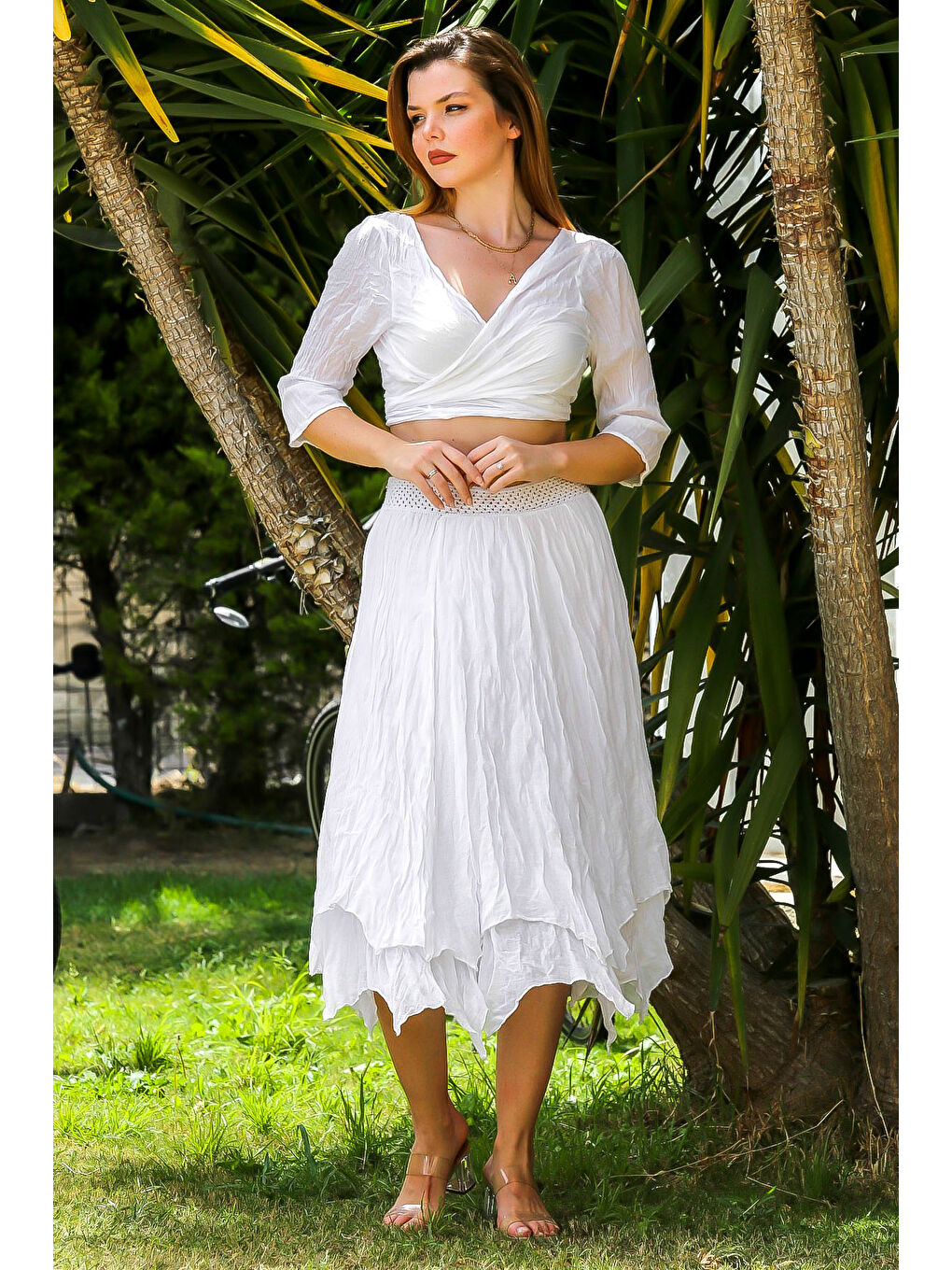 Organik Pamuk Beyaz 3/4 Kol Bağlamalı Dokuma Crop Fit Casual Bluz-7