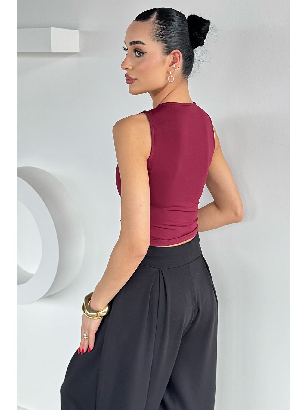 Bordo Kadın Yan Büzgü Detaylı Elastanlı Bluz-3