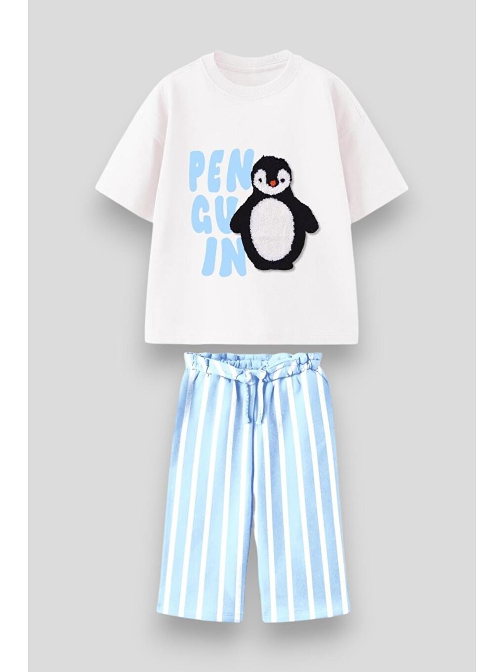 Karışık Kız Çocuk Pamuklu Beyaz Penguen Temalı T-Shirt Ve Mavi Çizgili Şort Takım – Yazlık İki Parça-1