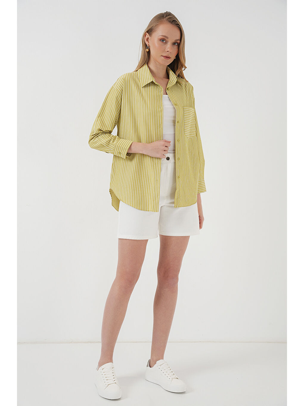 20205 Çizgili Oversize Gömlek - Yağ Yeşil-1