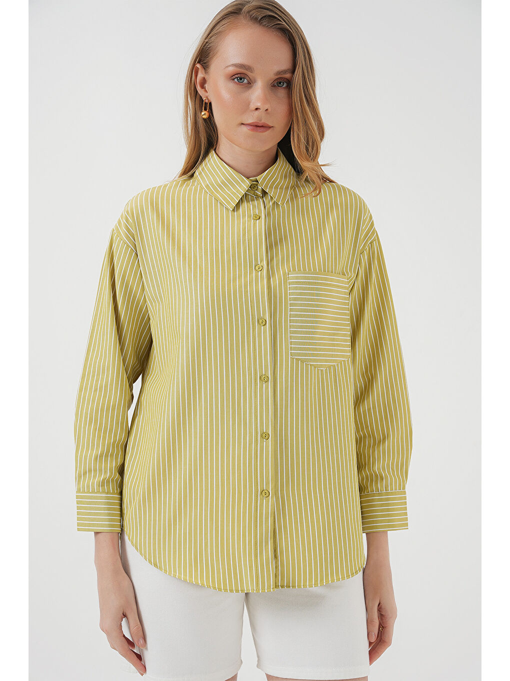 20205 Çizgili Oversize Gömlek - Yağ Yeşil-2