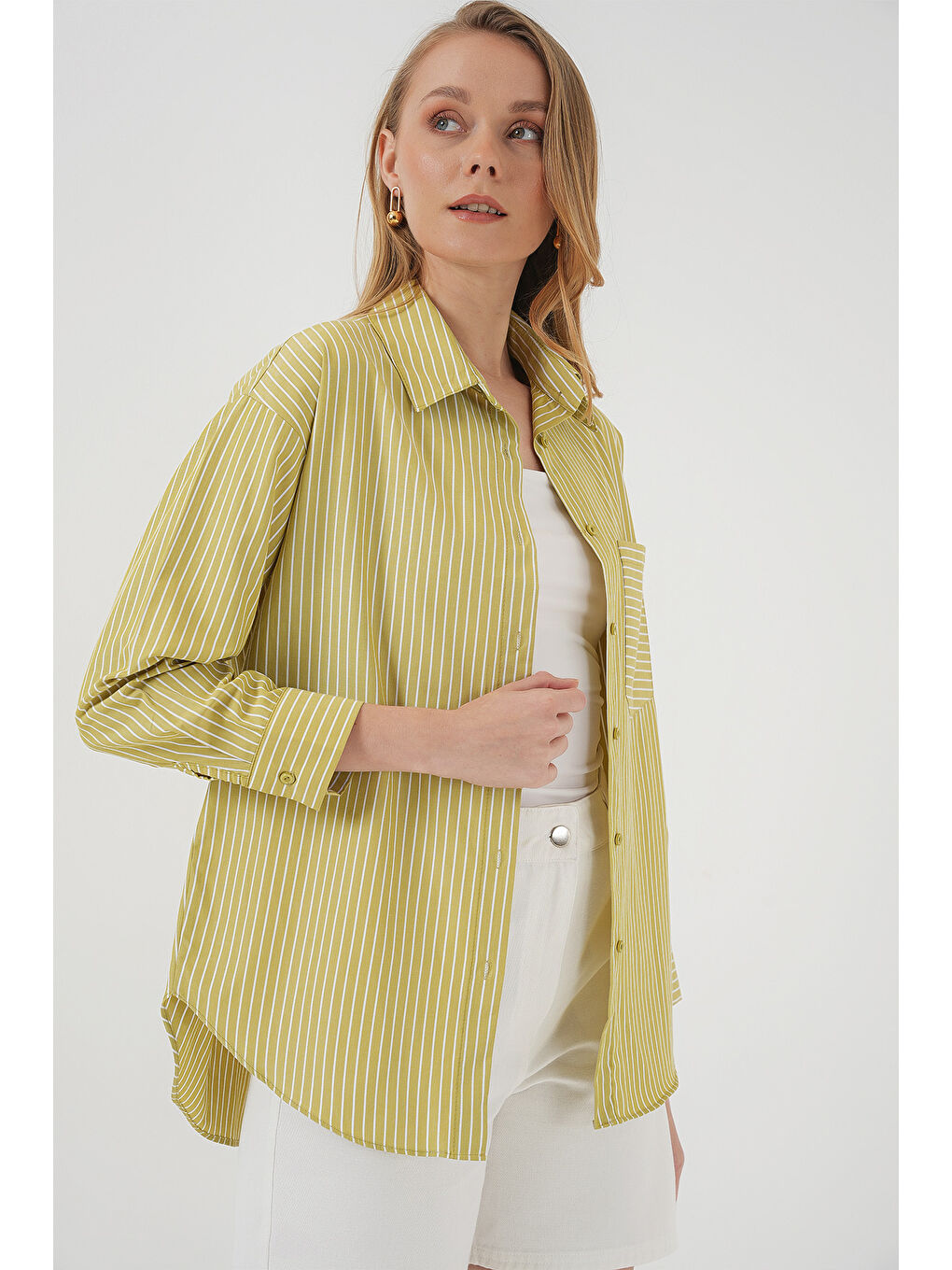 20205 Çizgili Oversize Gömlek - Yağ Yeşil-3