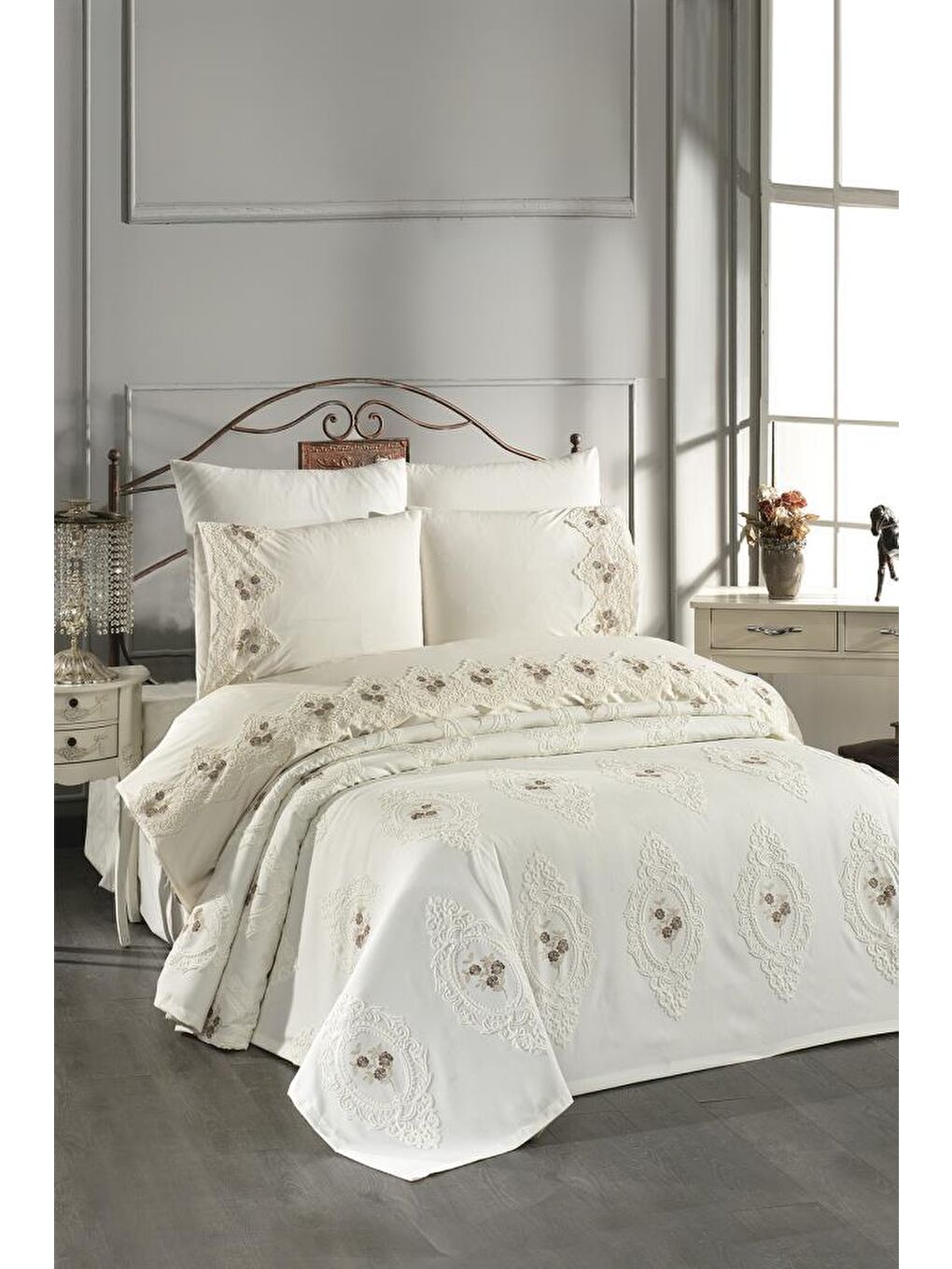 Gardenlove Nakışlı Şönil 7 Parça Gelin Seti Bej