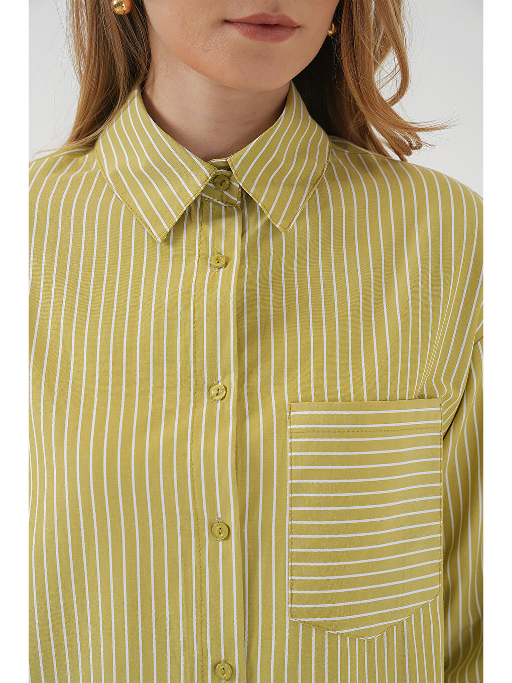 20205 Çizgili Oversize Gömlek - Yağ Yeşil-4