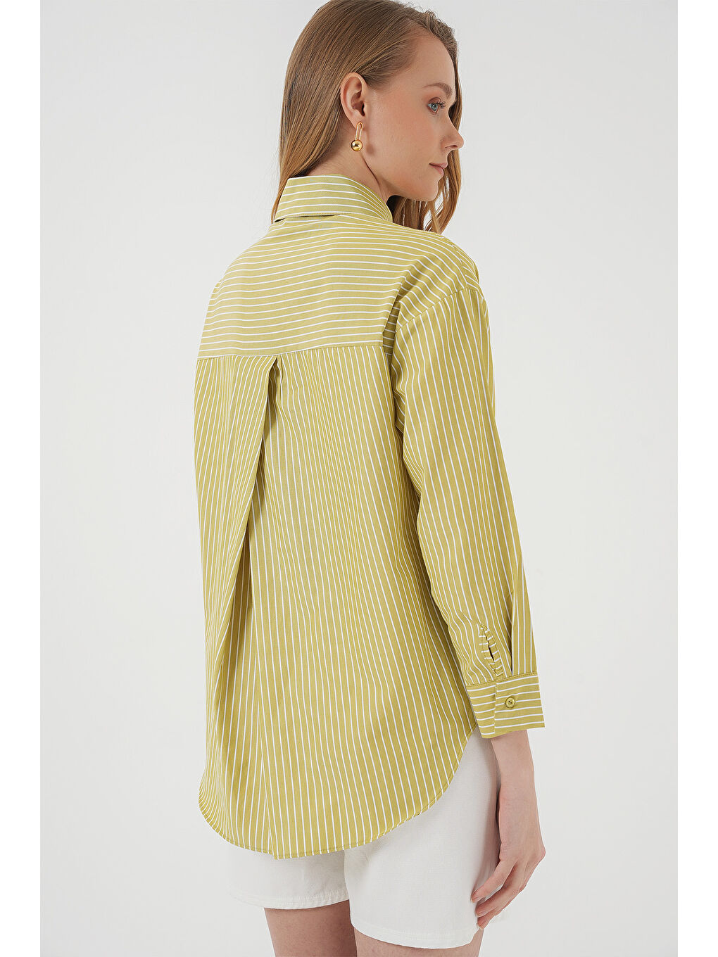 20205 Çizgili Oversize Gömlek - Yağ Yeşil-5