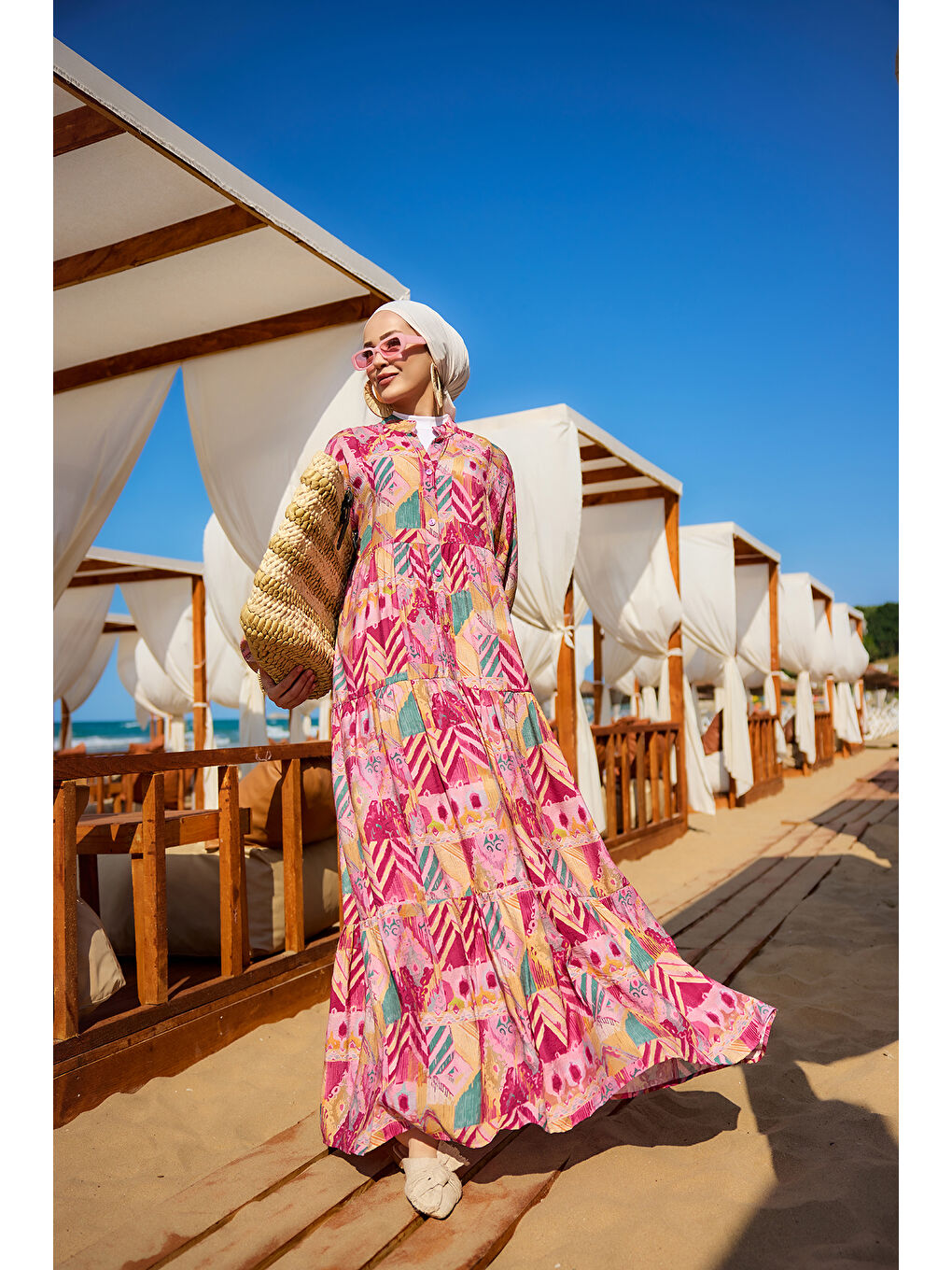 Kadın Zİkzak Desenli Elbise Fuşya-1