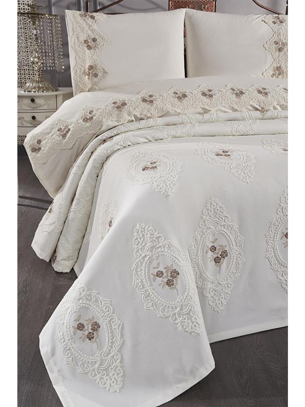 Gardenlove Nakışlı Şönil 7 Parça Gelin Seti Bej-1