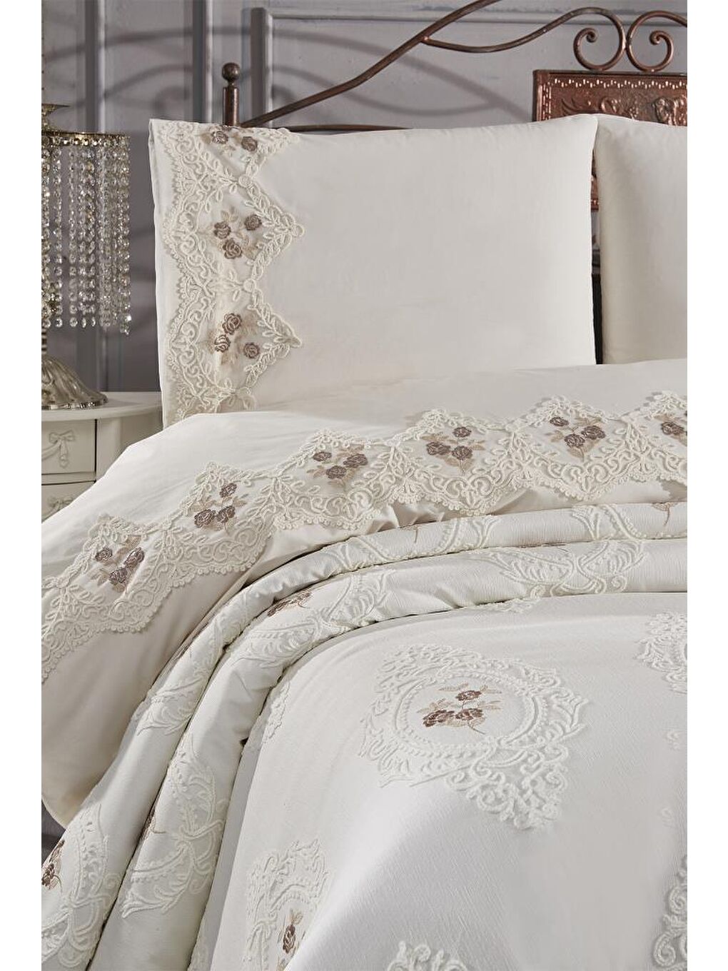 Gardenlove Nakışlı Şönil 7 Parça Gelin Seti Bej-2