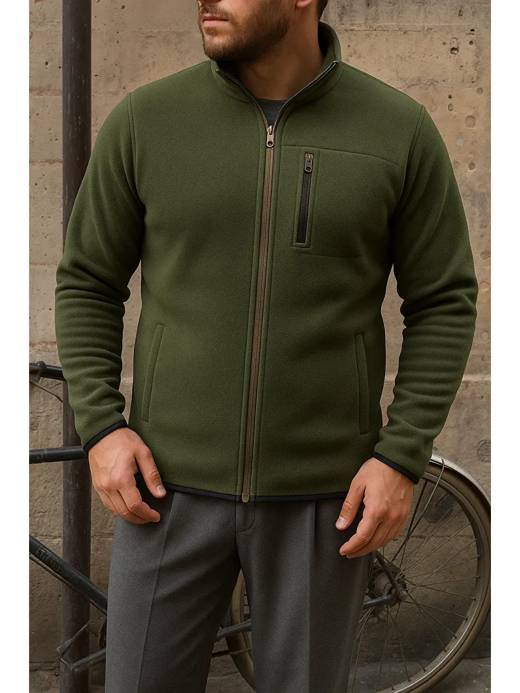 Erkek Kalın Fermuarlı Kışlık Günlük Haki Polar Sweatshirt-1