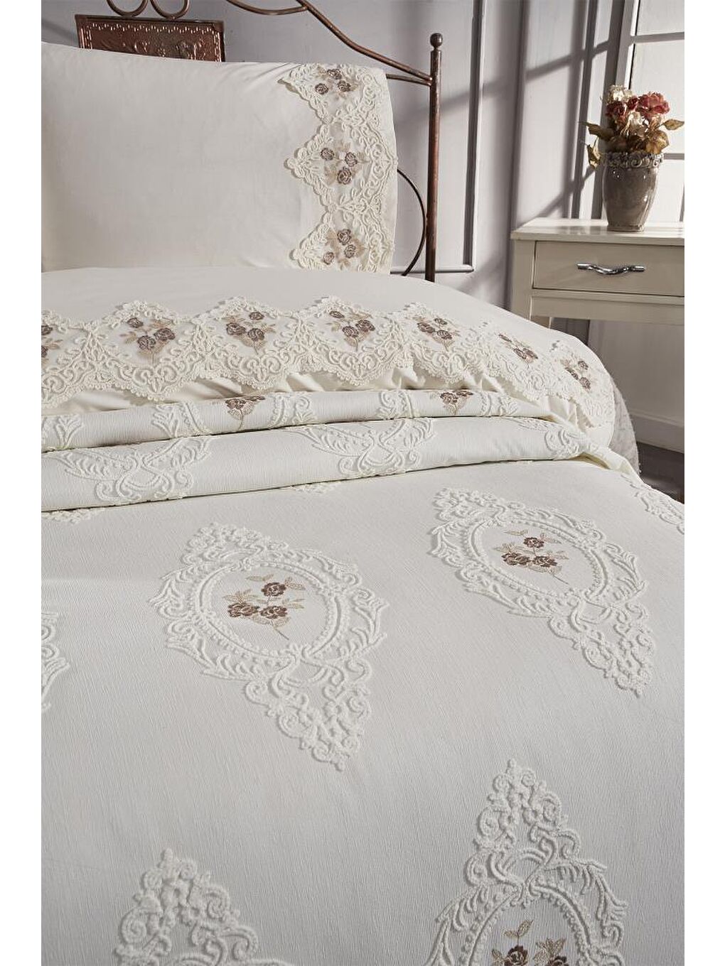 Gardenlove Nakışlı Şönil 7 Parça Gelin Seti Bej-4