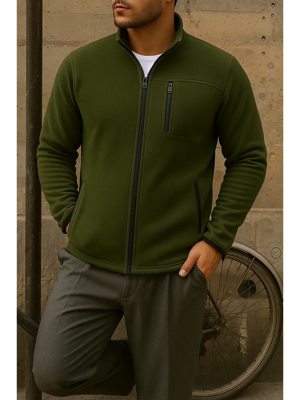 Erkek Kalın Fermuarlı Kışlık Günlük Haki Polar Sweatshirt-2