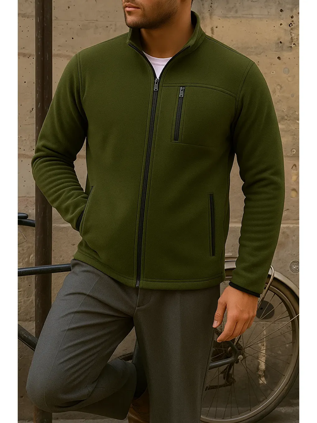 Erkek Kalın Fermuarlı Kışlık Günlük Haki Polar Sweatshirt-3