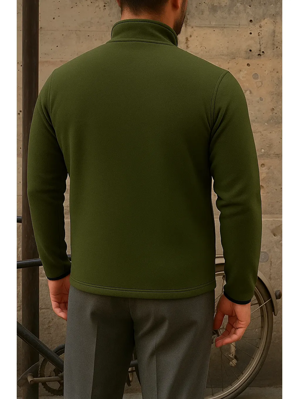 Erkek Kalın Fermuarlı Kışlık Günlük Haki Polar Sweatshirt-4