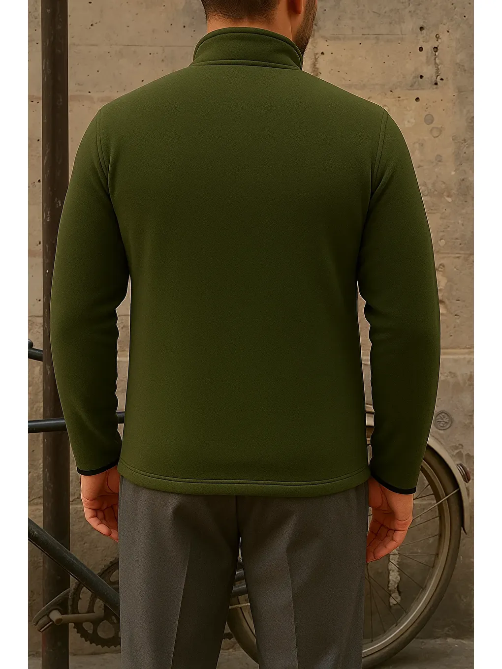 Erkek Kalın Fermuarlı Kışlık Günlük Haki Polar Sweatshirt-5