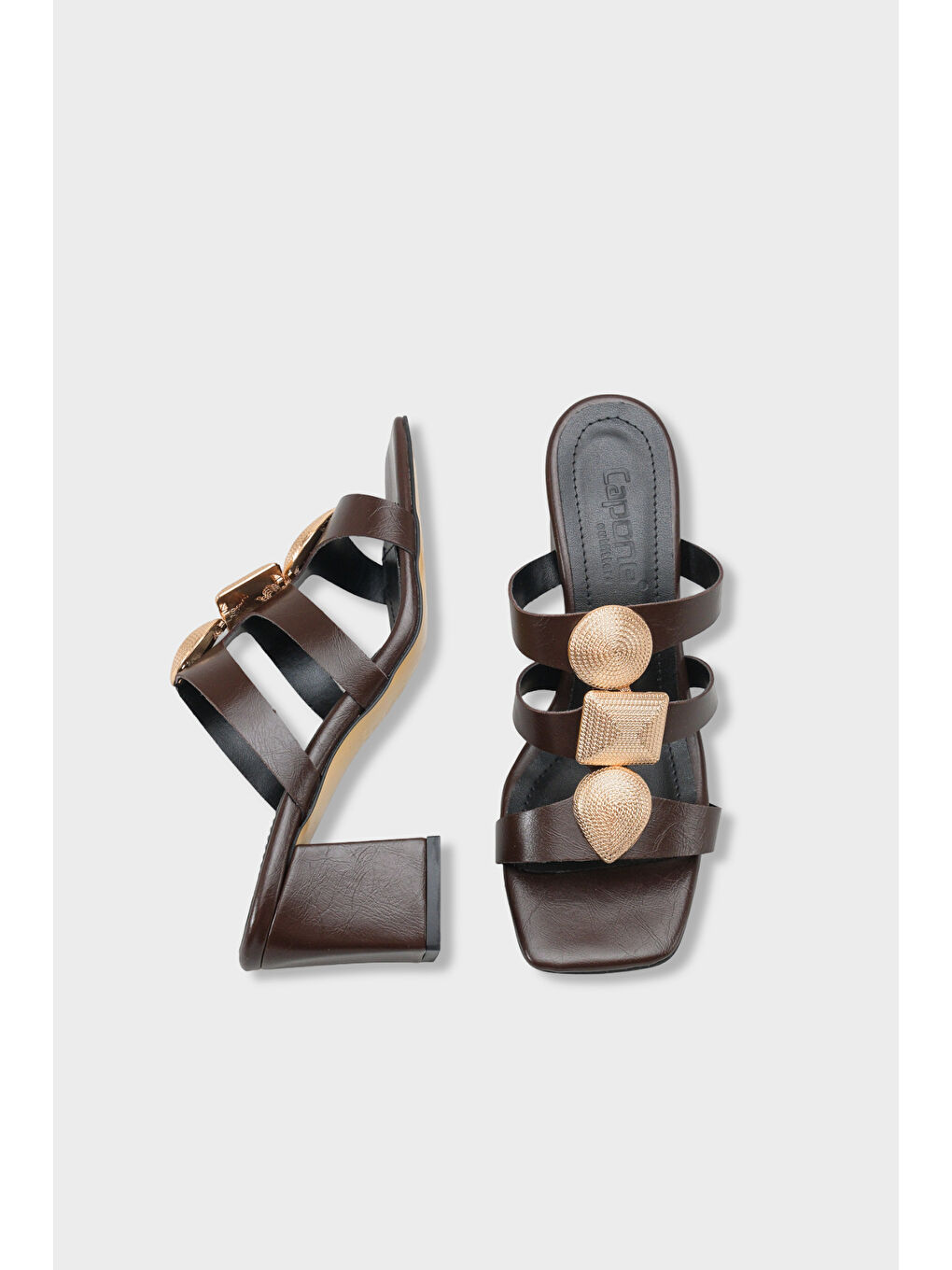 Kahverengi Lacey Küt Burunlu Metal Aksesuarlı Orta Topuklu Kadın Terlik-4