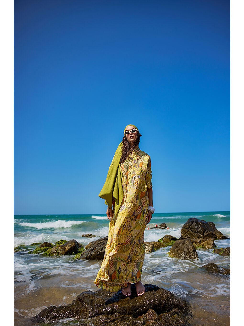 Kadın Zİkzak Desenli Elbise Sarı-1