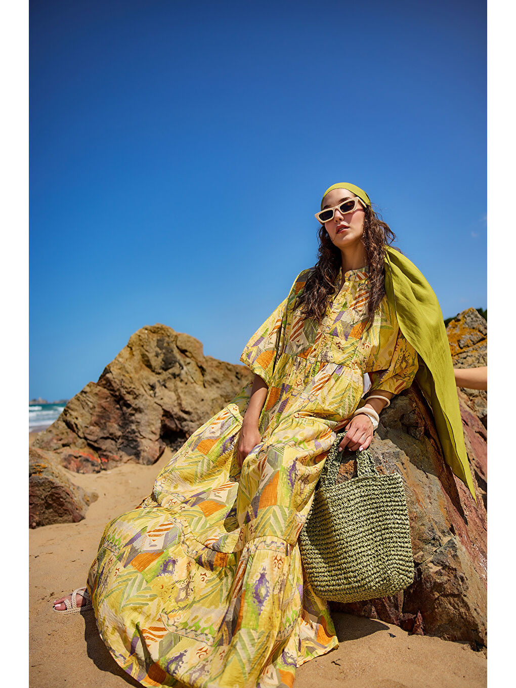 Kadın Zİkzak Desenli Elbise Sarı-2