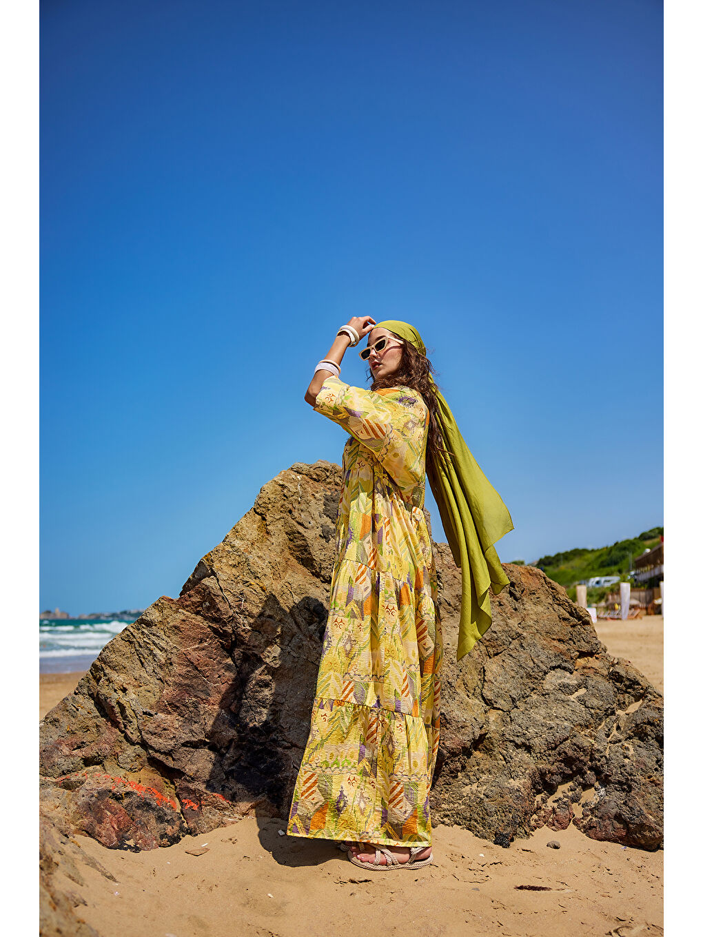 Kadın Zİkzak Desenli Elbise Sarı-3