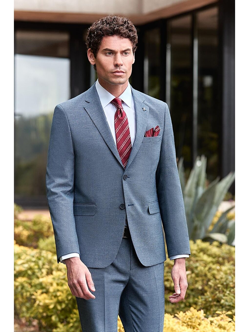 Koyu Lacivert Desenli Mono Yaka Astarlı 6 Drop Slim Fit Dar Kesim Takım Elbise 1001240174