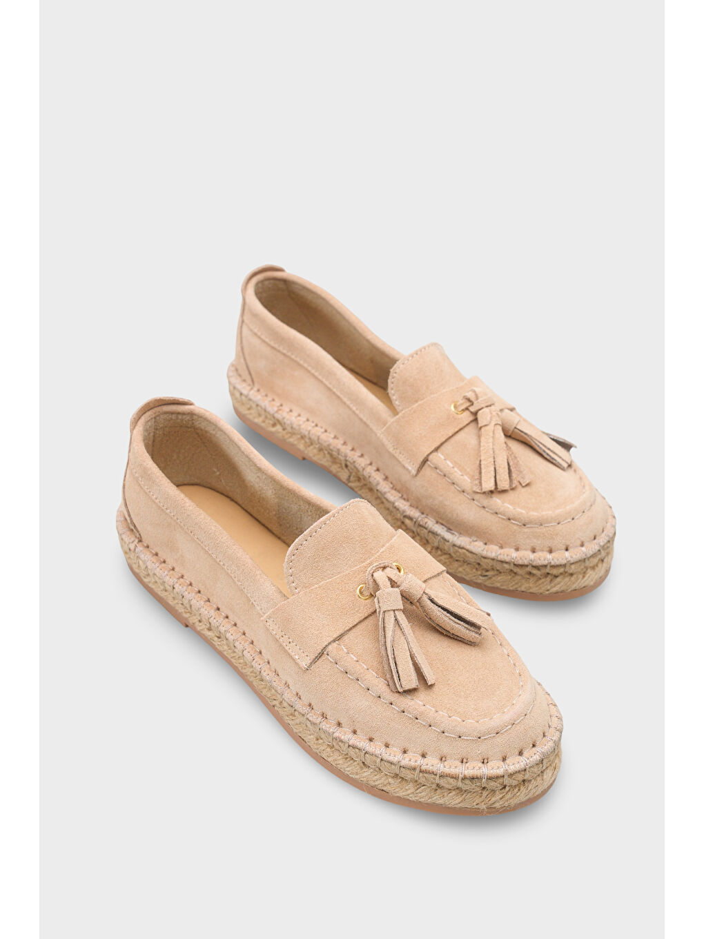 Bej Yoklo Hakiki Deri Süet Espadril Tabanlı Püsküllü Kadın Loafer Ayakkabı-1