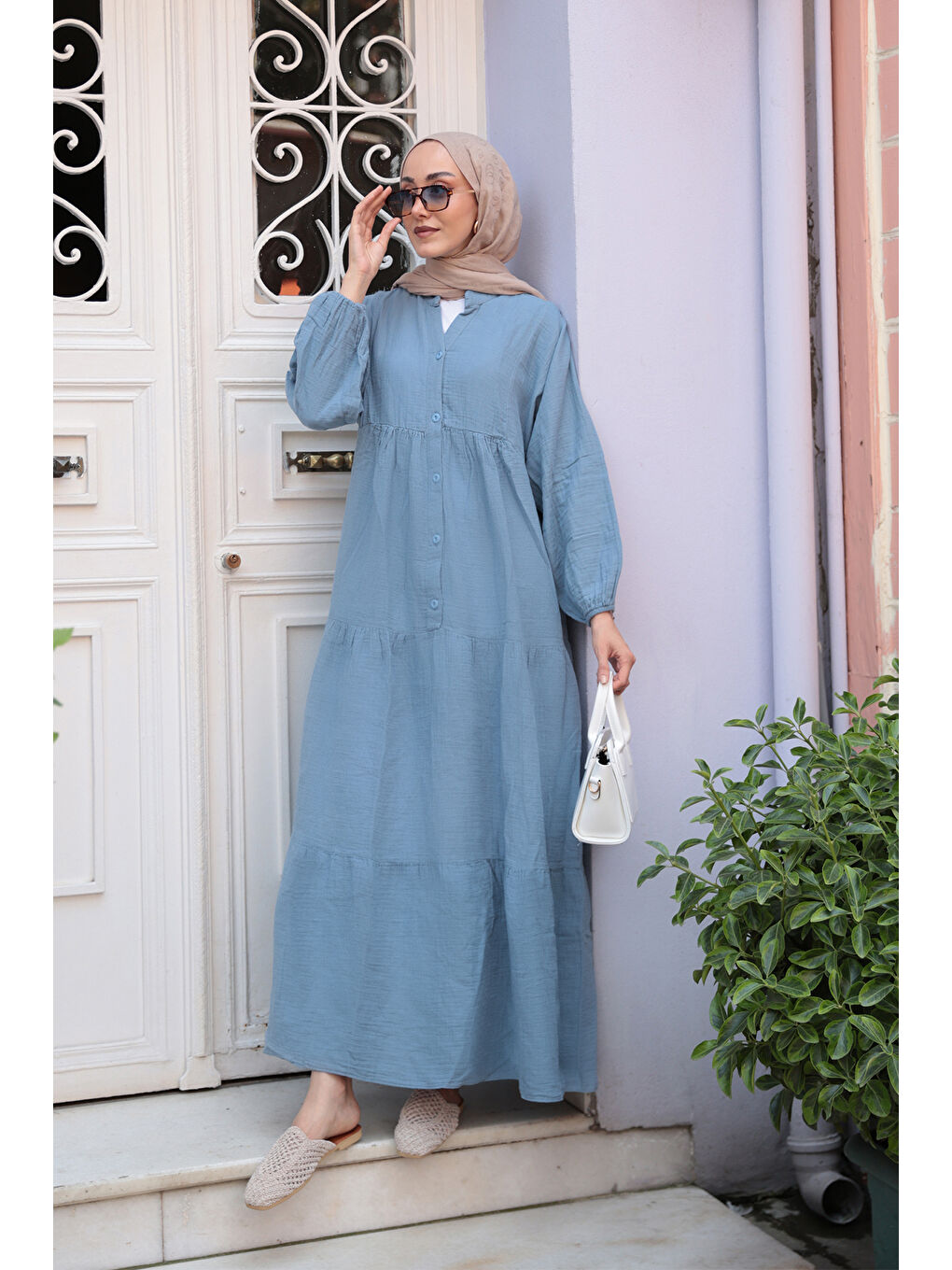 Kadın Kendinden Desenli Elbise Açık Mavi-1