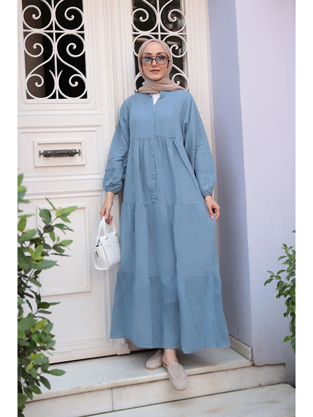 Kadın Kendinden Desenli Elbise Açık Mavi-2