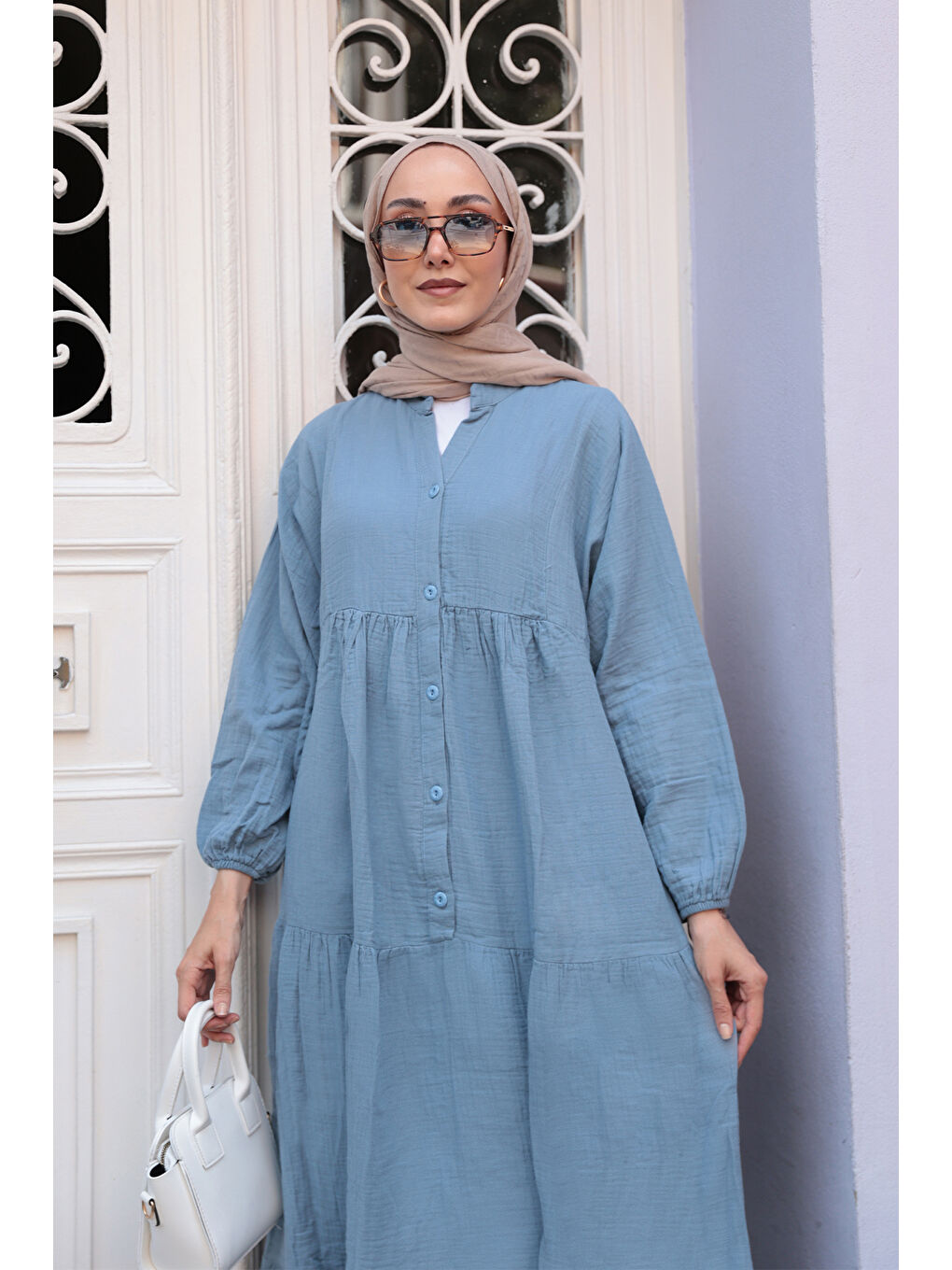 Kadın Kendinden Desenli Elbise Açık Mavi-3