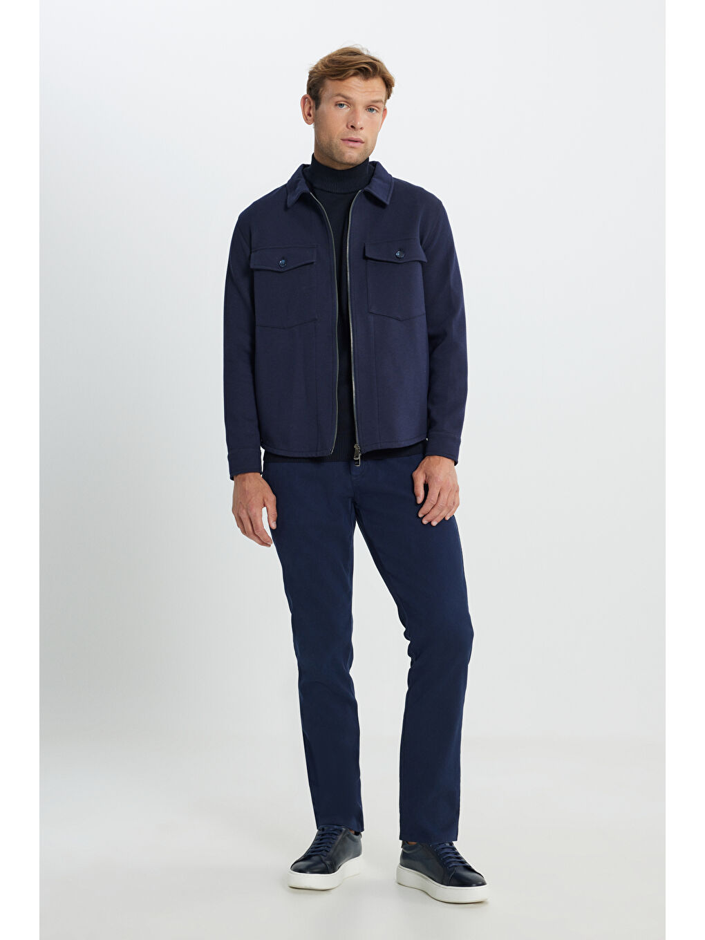 Erkek Lacivert Standart Fit Normal Kesim Gömlek Yaka Pamuklu Mont-1