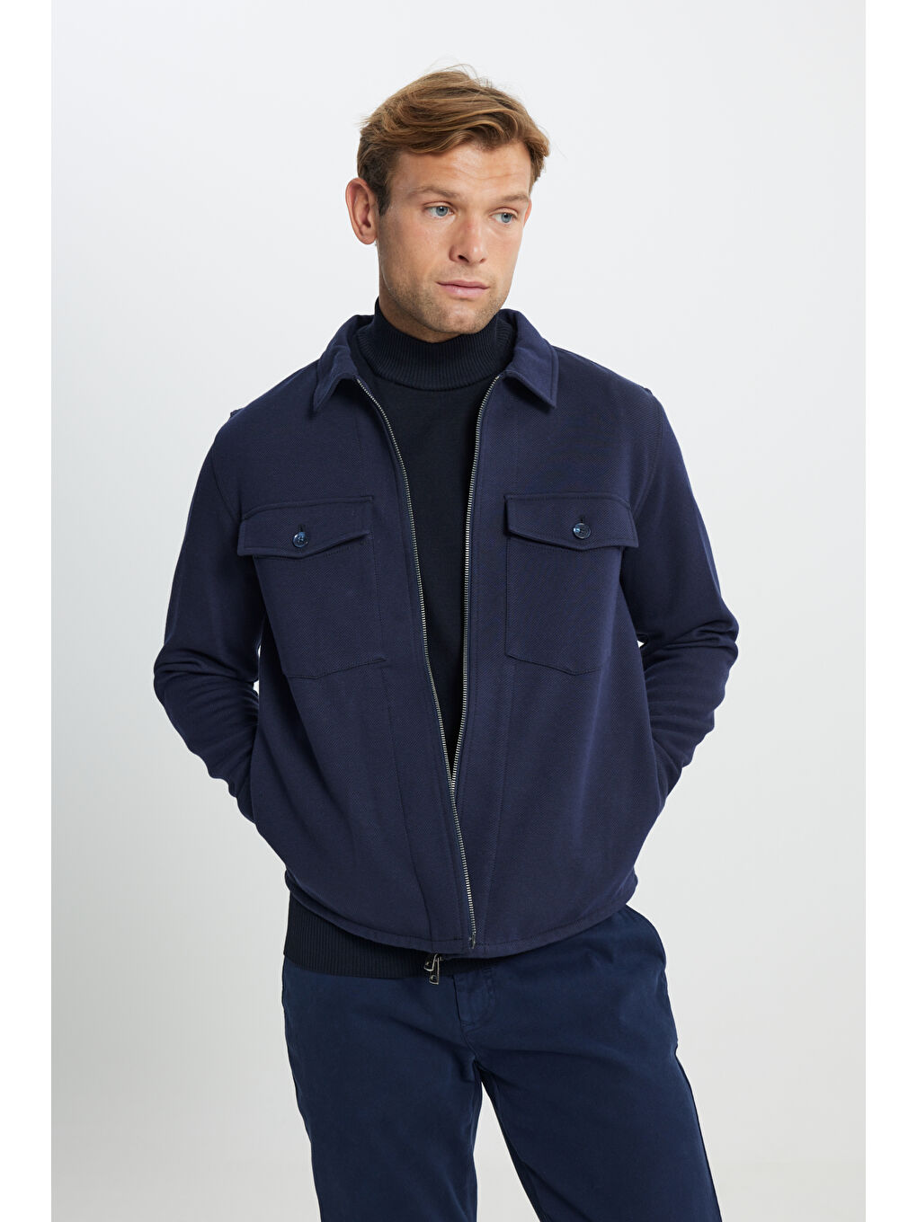 Erkek Lacivert Standart Fit Normal Kesim Gömlek Yaka Pamuklu Mont-2