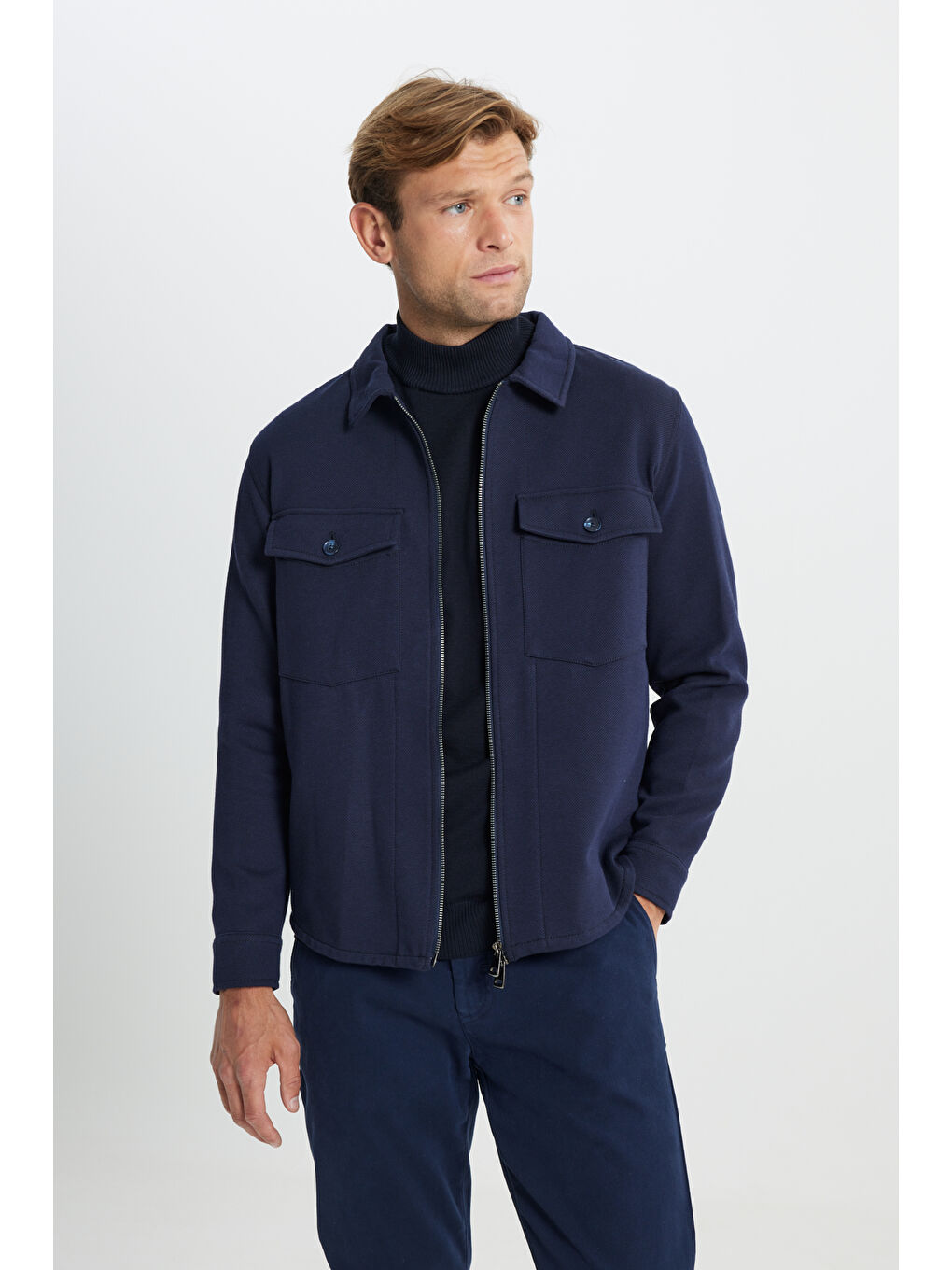 Erkek Lacivert Standart Fit Normal Kesim Gömlek Yaka Pamuklu Mont-3