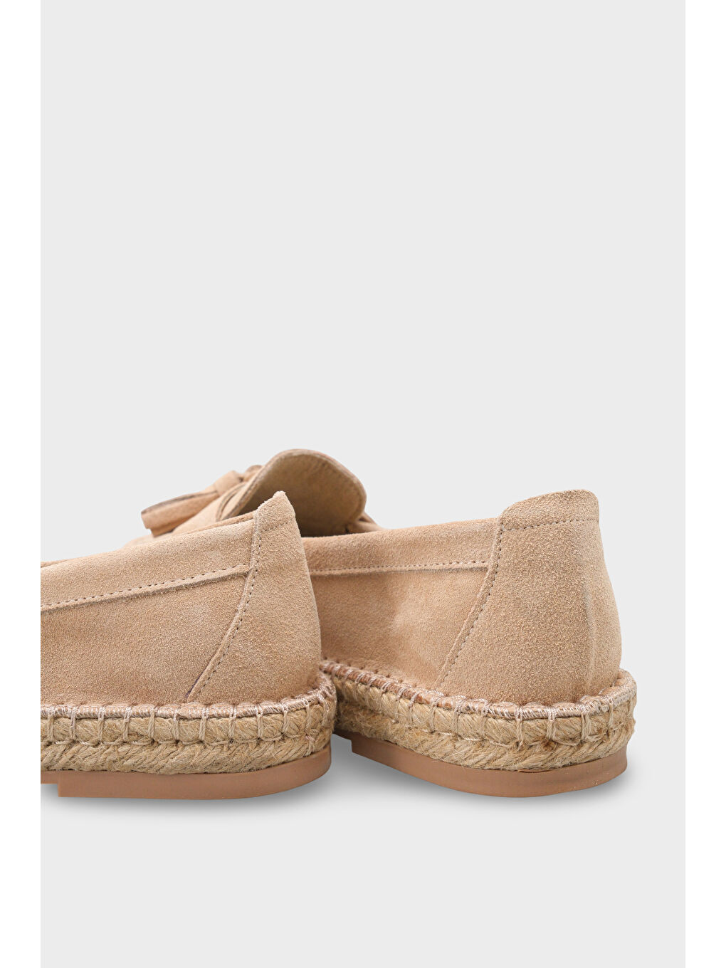 Bej Yoklo Hakiki Deri Süet Espadril Tabanlı Püsküllü Kadın Loafer Ayakkabı-3