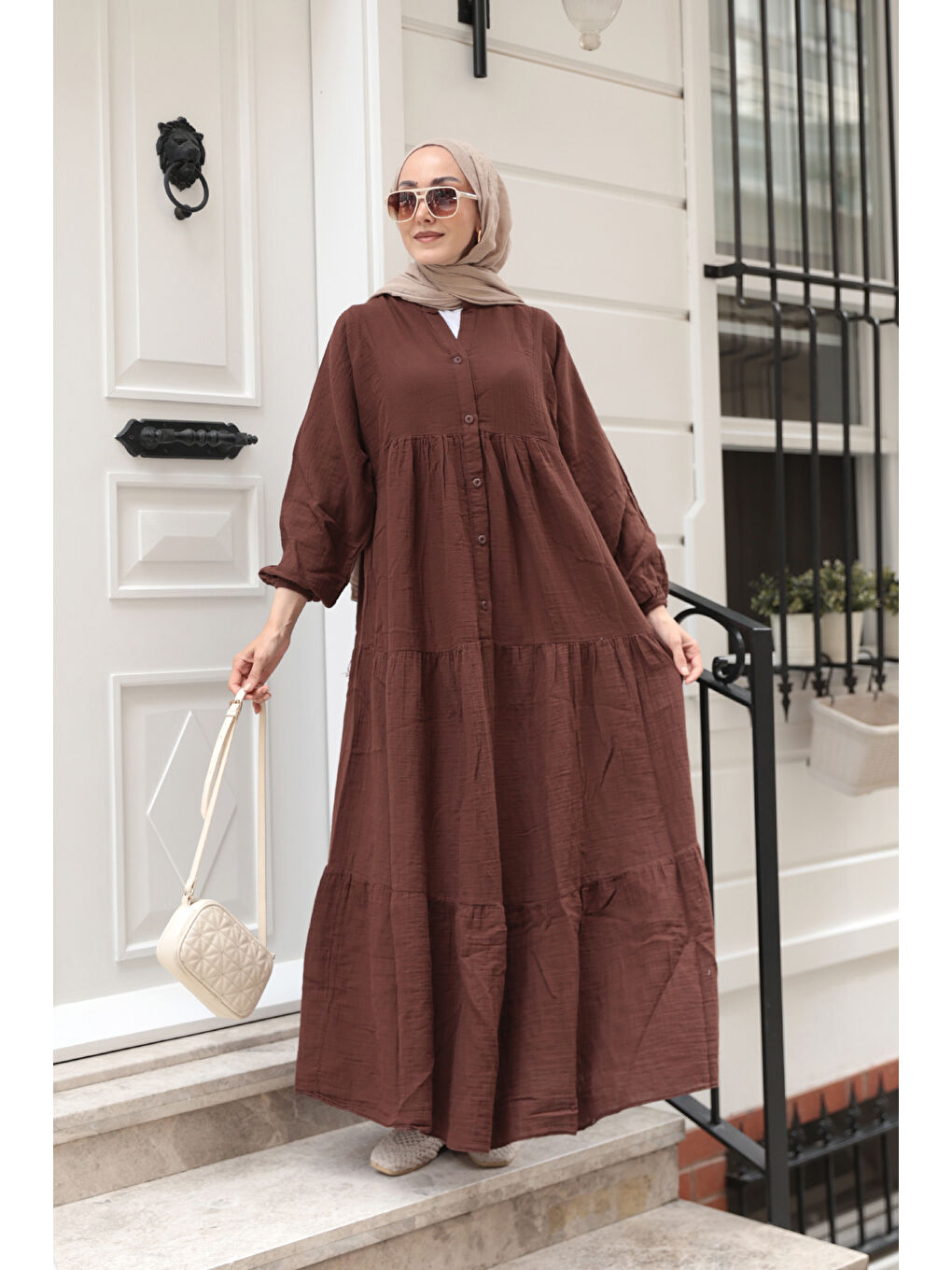 Kadın Kendinden Desenli Elbise Kahverengi-1