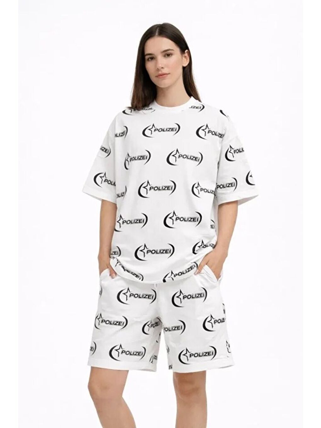 Oversize Ön Ve Arka Baskılı Tişört Şort Takım Rahat Kalıp Yazlık Günlük Kombin - Beyaz-1