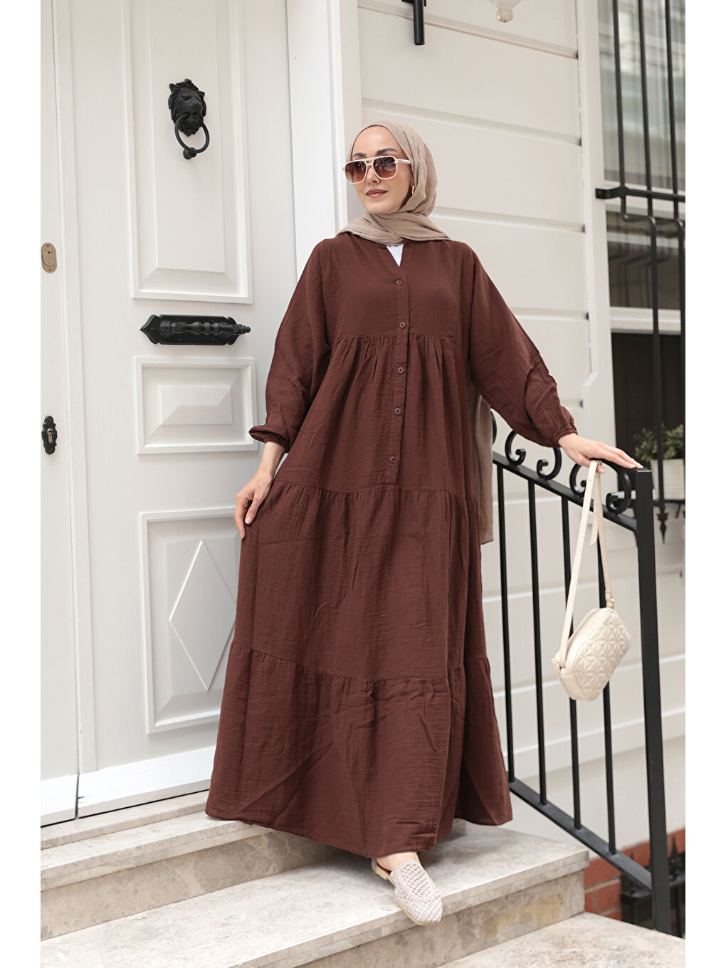 Kadın Kendinden Desenli Elbise Kahverengi-2